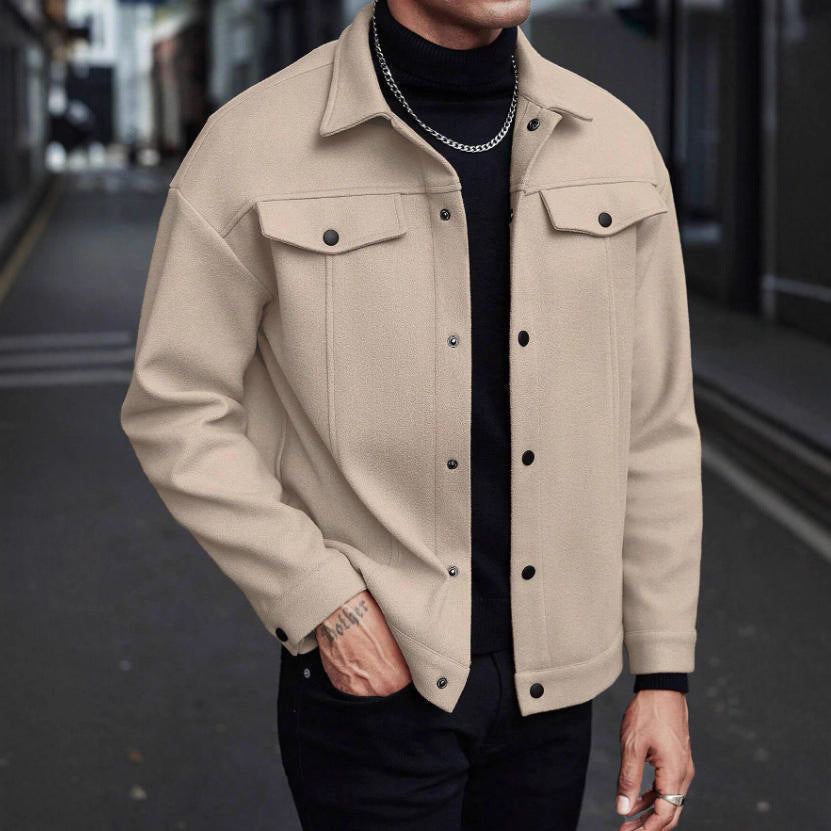 Herren nan Wolloptik-Overshirt Jacke im Shacket-Stil mit Brustklappen und Druckknopfleiste R&B