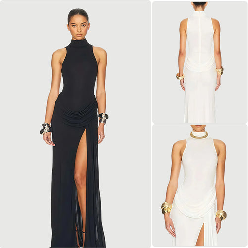 Damen langes Abendkleid mit elegantem Wasserfallausschnitt und tiefem Schlitz R&B