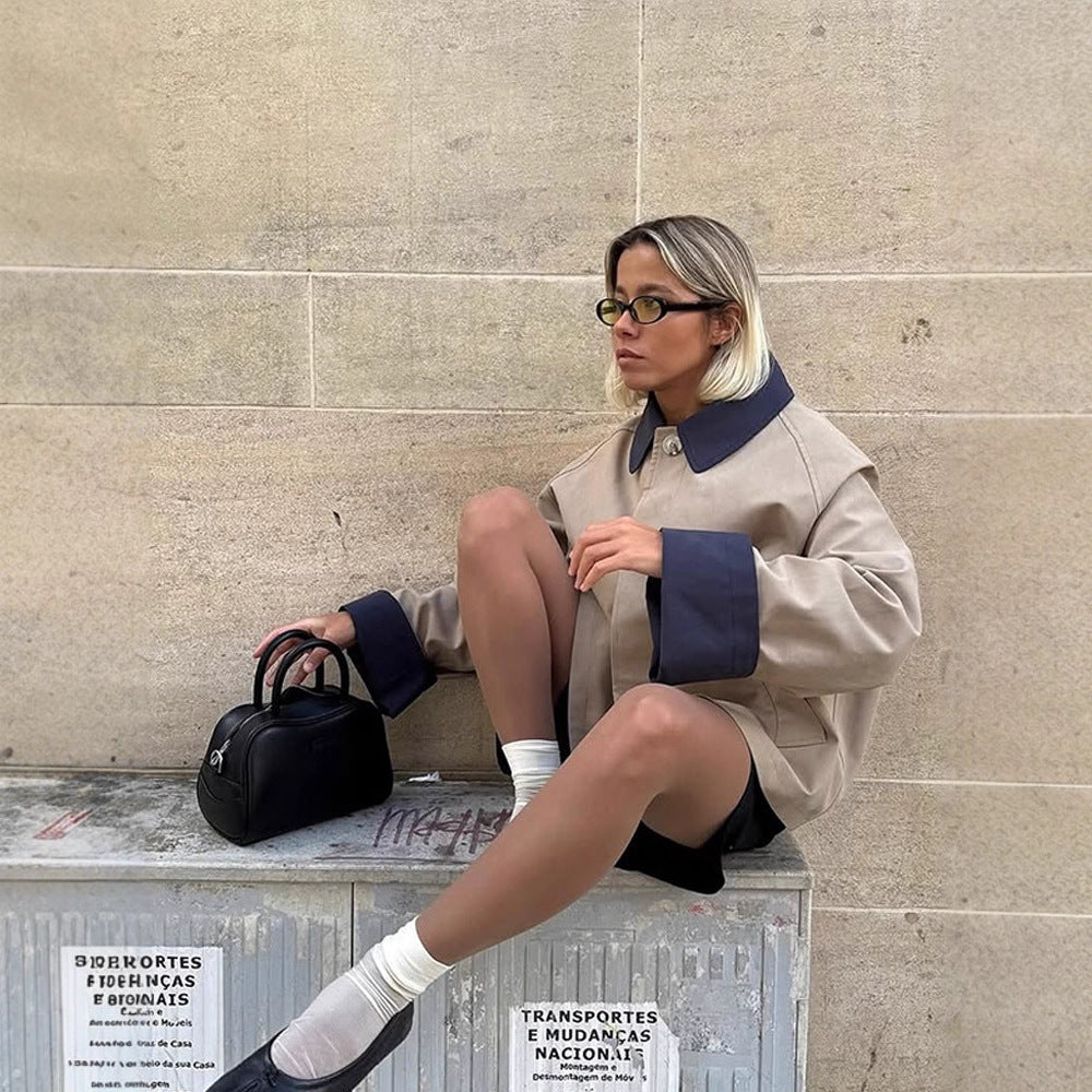 Damen lässige Oversized-Jacke mit kontrastierendem Kragen R&B