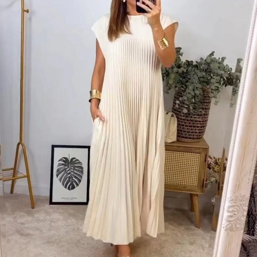 Damen nan fließendes plissiertes Maxikleid mit überschnittenen Schultern und Eingrifftaschen R&B