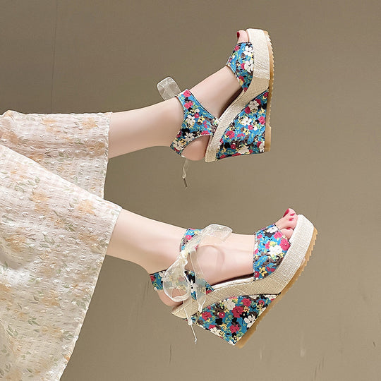 Damen Wedge-Sandalen mit floralem Design und hübschem Schleifenverschluss R&B