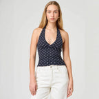 Damen Halter-Top mit Punktmuster und V-Ausschnitt R&B