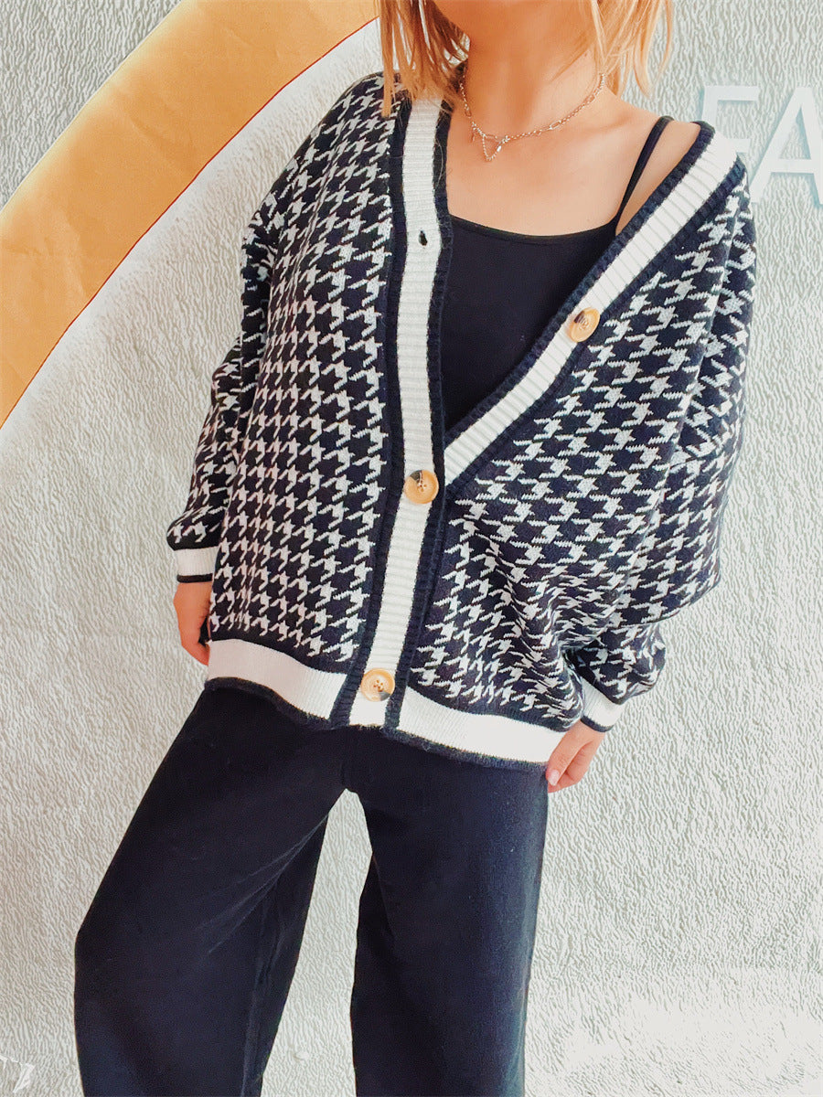 Damen oversized Strickjacke im klassischen Hahnentrittmuster R&B
