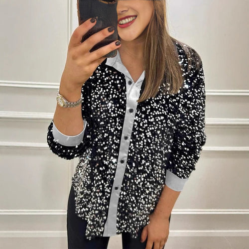 Damen Glitzernde Bluse aus Pailletten mit klassischem Kragen R&B
