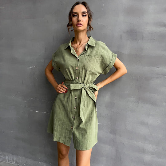 Damen Hemdblusenkleid mit Taillengürtel und Kurzarm R&B