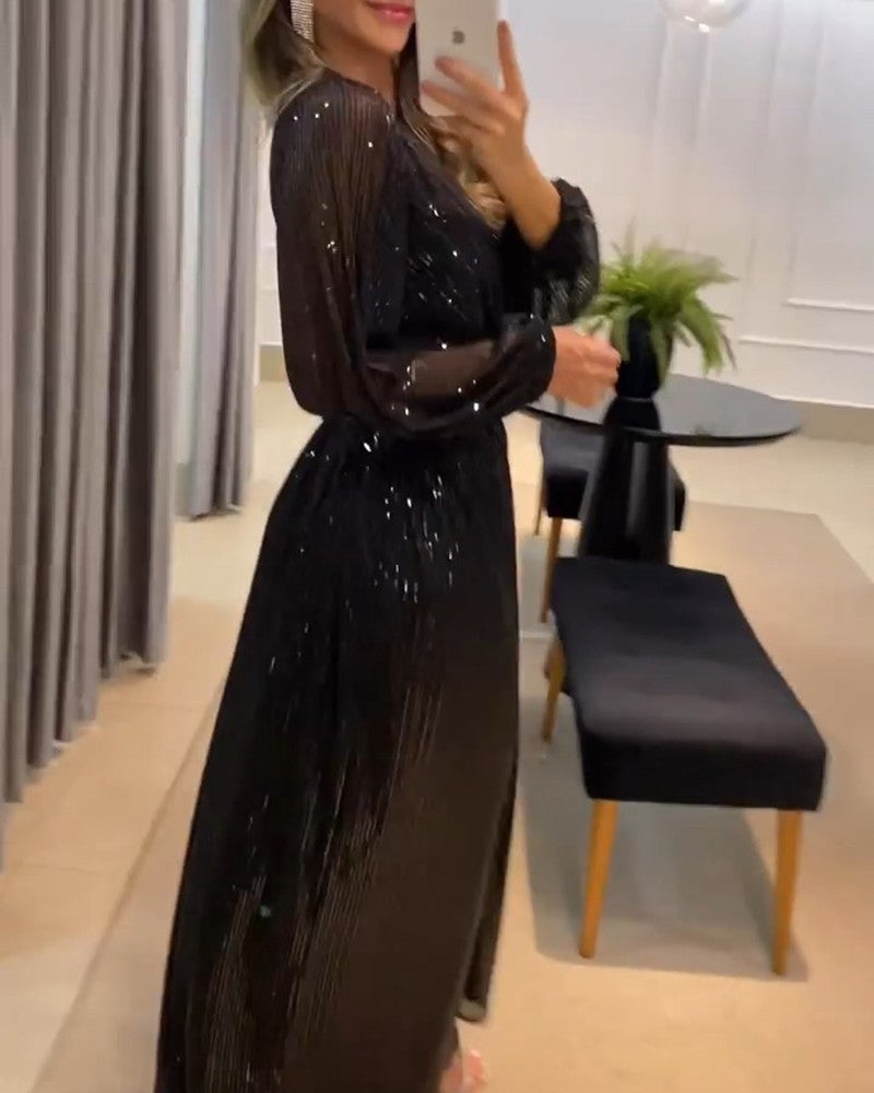 Damen elegantes Maxikleid mit glitzernden Details und raffiniertem V-Ausschnitt R&B