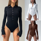 Damen eleganter Langarm-Bodysuit mit Knopfleiste und modischen Details R&B