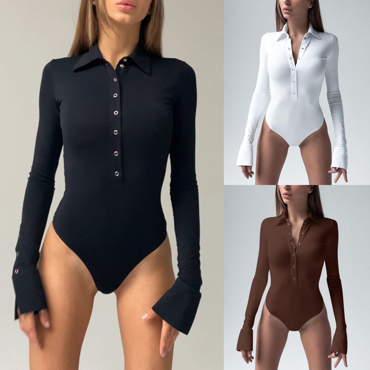 Damen eleganter Langarm-Bodysuit mit Knopfleiste und modischen Details R&B