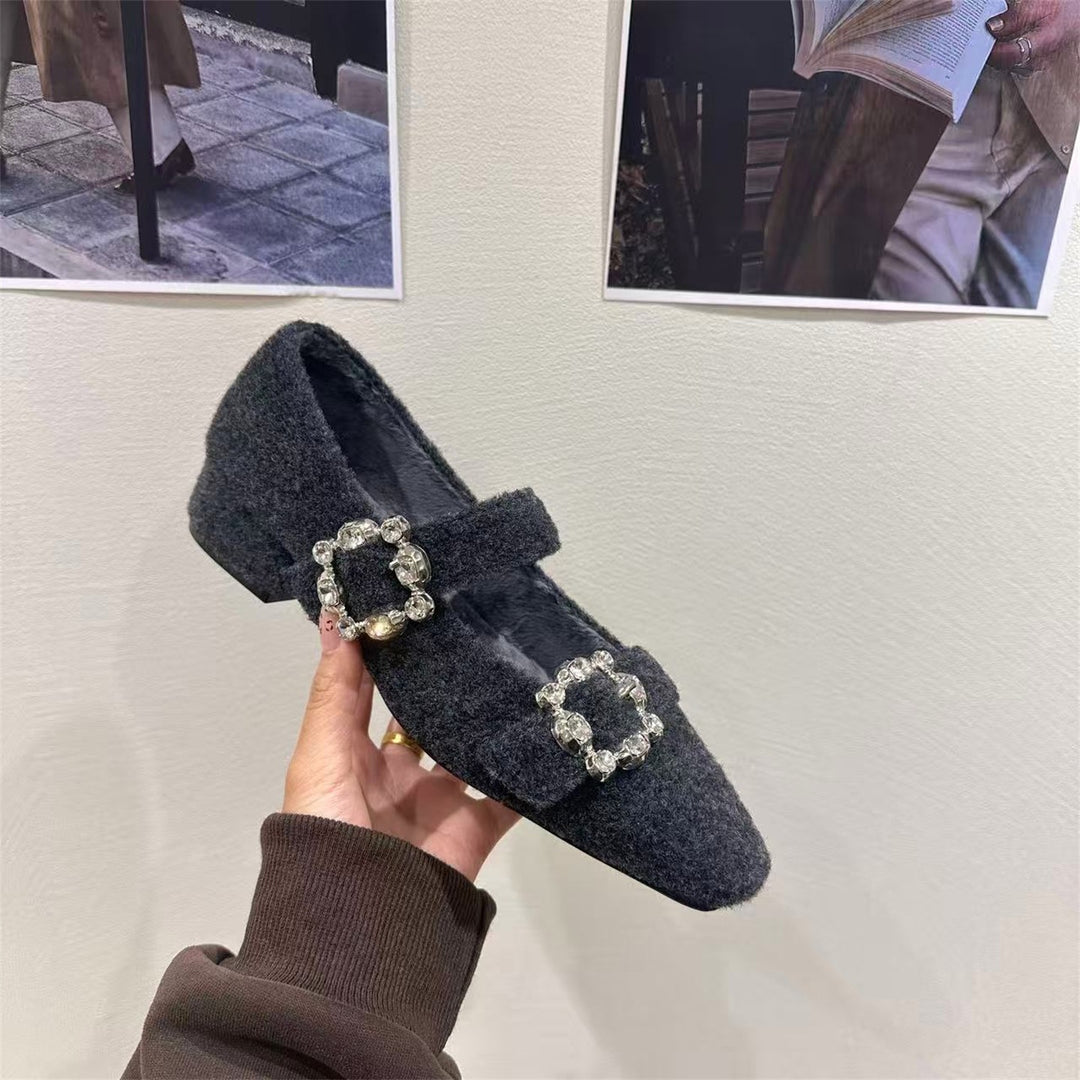 Damen elegante Filz-Mary Jane Schuhe mit schimmernden Schnallen R&B