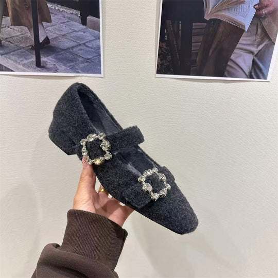 Damen elegante Filz-Mary Jane Schuhe mit schimmernden Schnallen R&B