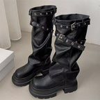Damen Plateau-Stiefel mit modischem Schnallenverschluss und eleganter Faltenoptik R&B