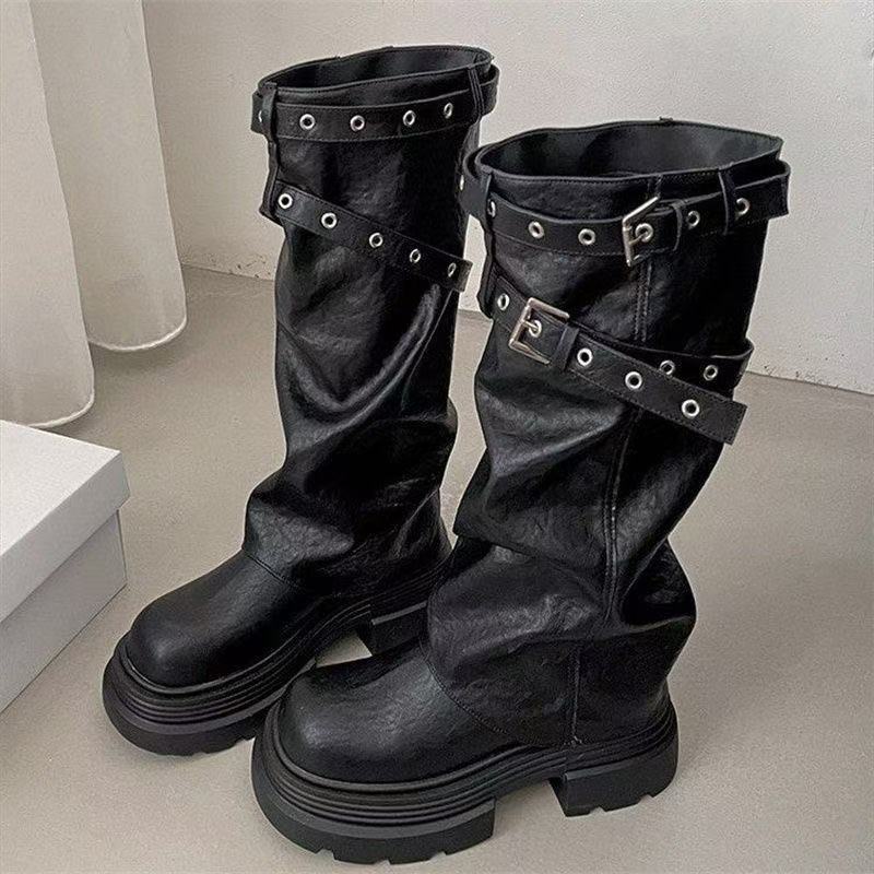 Damen Plateau-Stiefel mit modischem Schnallenverschluss und eleganter Faltenoptik R&B