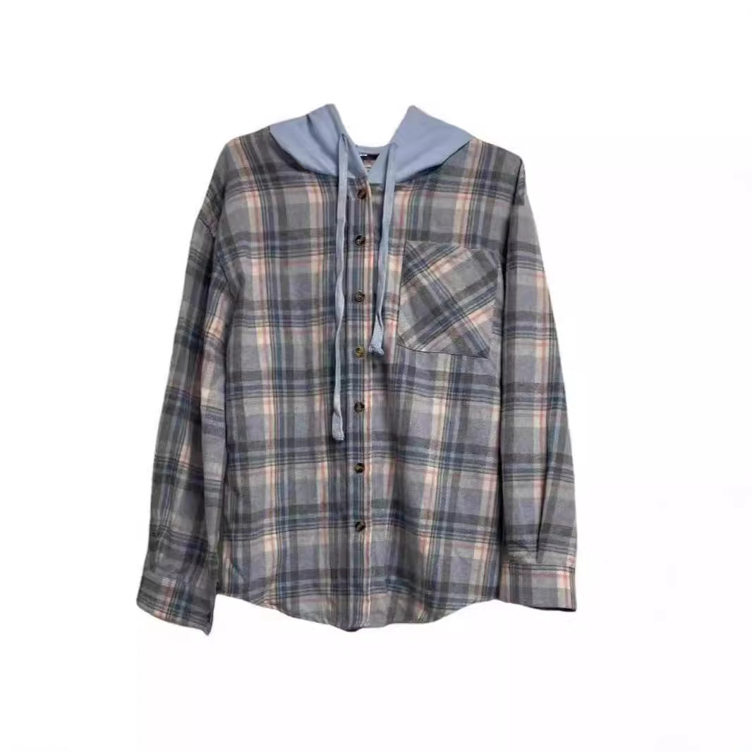 Damen nostalgische Karobluse mit Kapuze und Knopfverschluss R&B