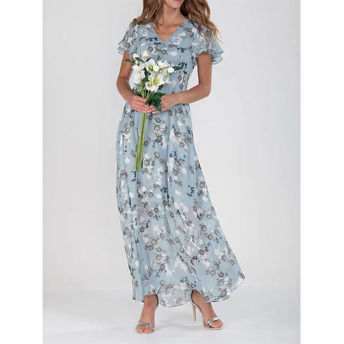 Damen Maxikleid mit floralem Chiffon-Stoff und transparenten Ärmeln R&B