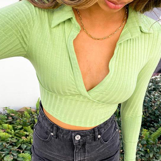 Damen lässiges Cropped Hemd mit V-Ausschnitt und Rippstruktur R&B