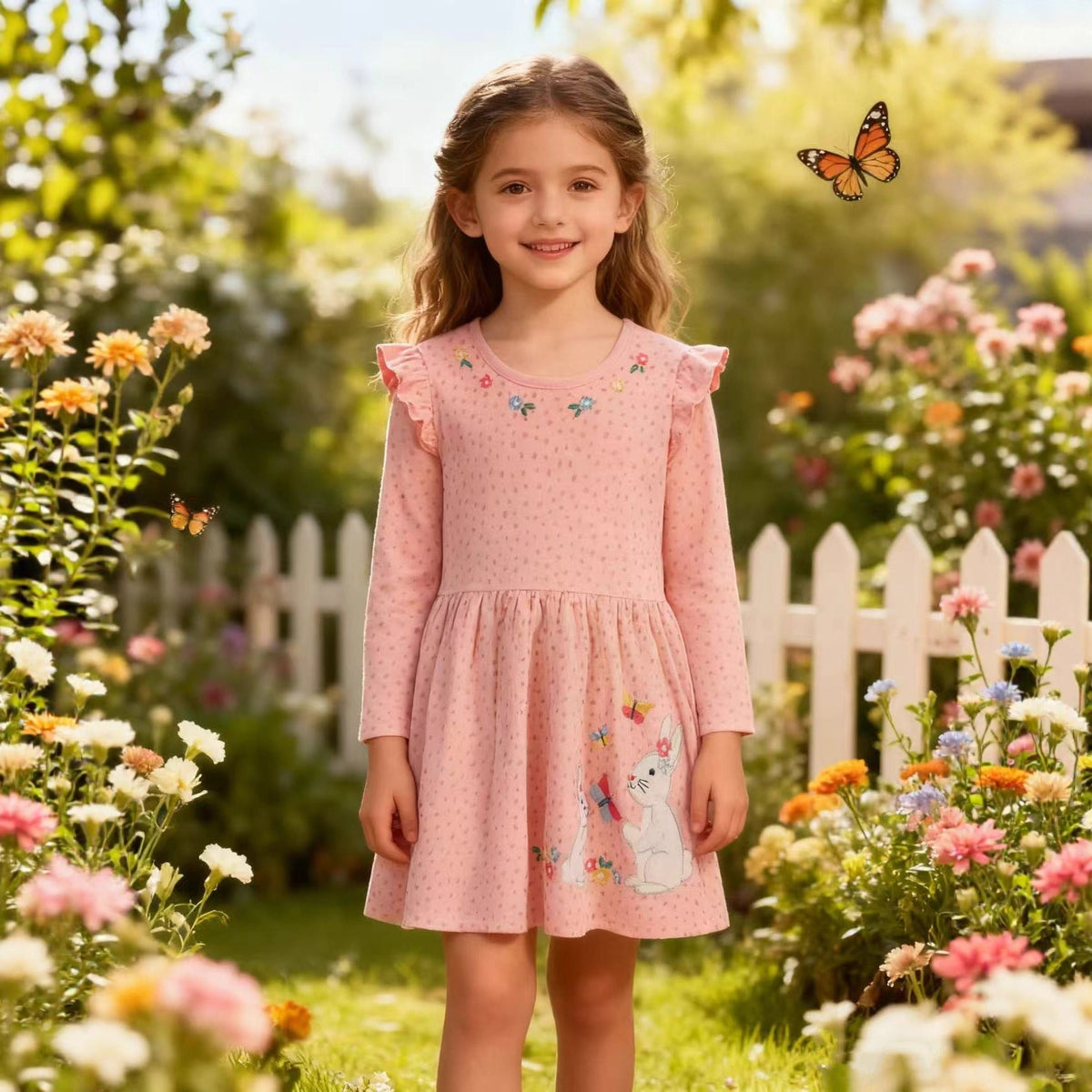 Mädchen Langarmkleid mit niedlichen Hasen- und Blumenapplikationen R&B
