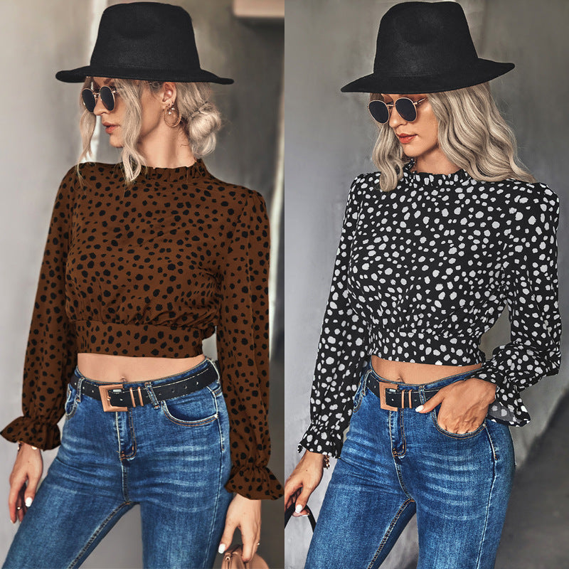 Damen Stehkragen-Blusenshirt mit Volantärmeln und Leopardenmuster R&B