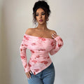 Damen nan schulterfreies gerafftes Langarm-Oberteil aus feinem Mesh mit floralem Print und taillierter Silhouette R&B