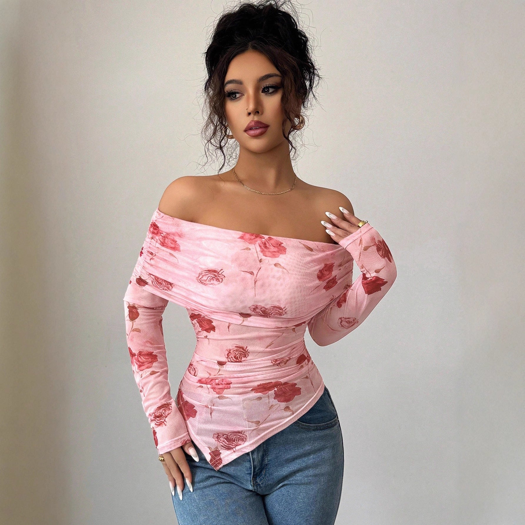 Damen nan schulterfreies gerafftes Langarm-Oberteil aus feinem Mesh mit floralem Print und taillierter Silhouette R&B