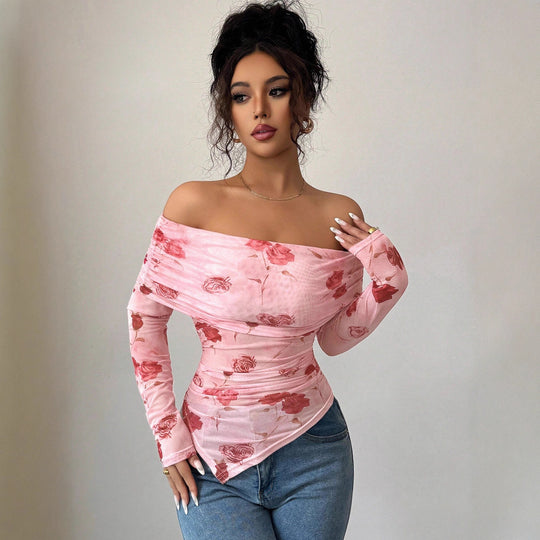 Damen nan schulterfreies gerafftes Langarm-Oberteil aus feinem Mesh mit floralem Print und taillierter Silhouette R&B