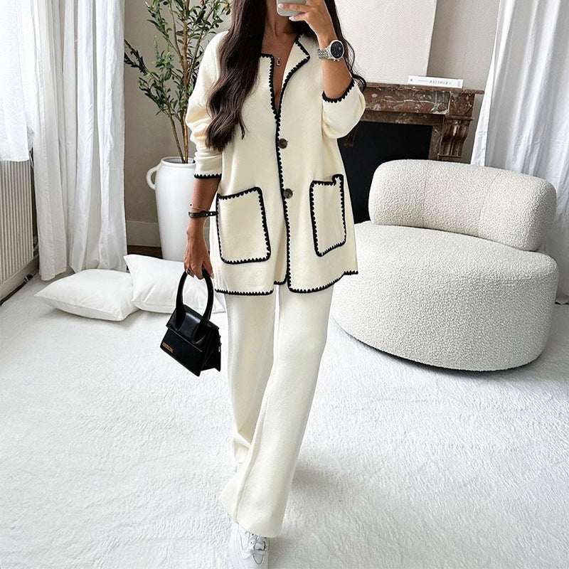 Damen elegantes Strickblazer-Set mit kontrastierenden Details R&B