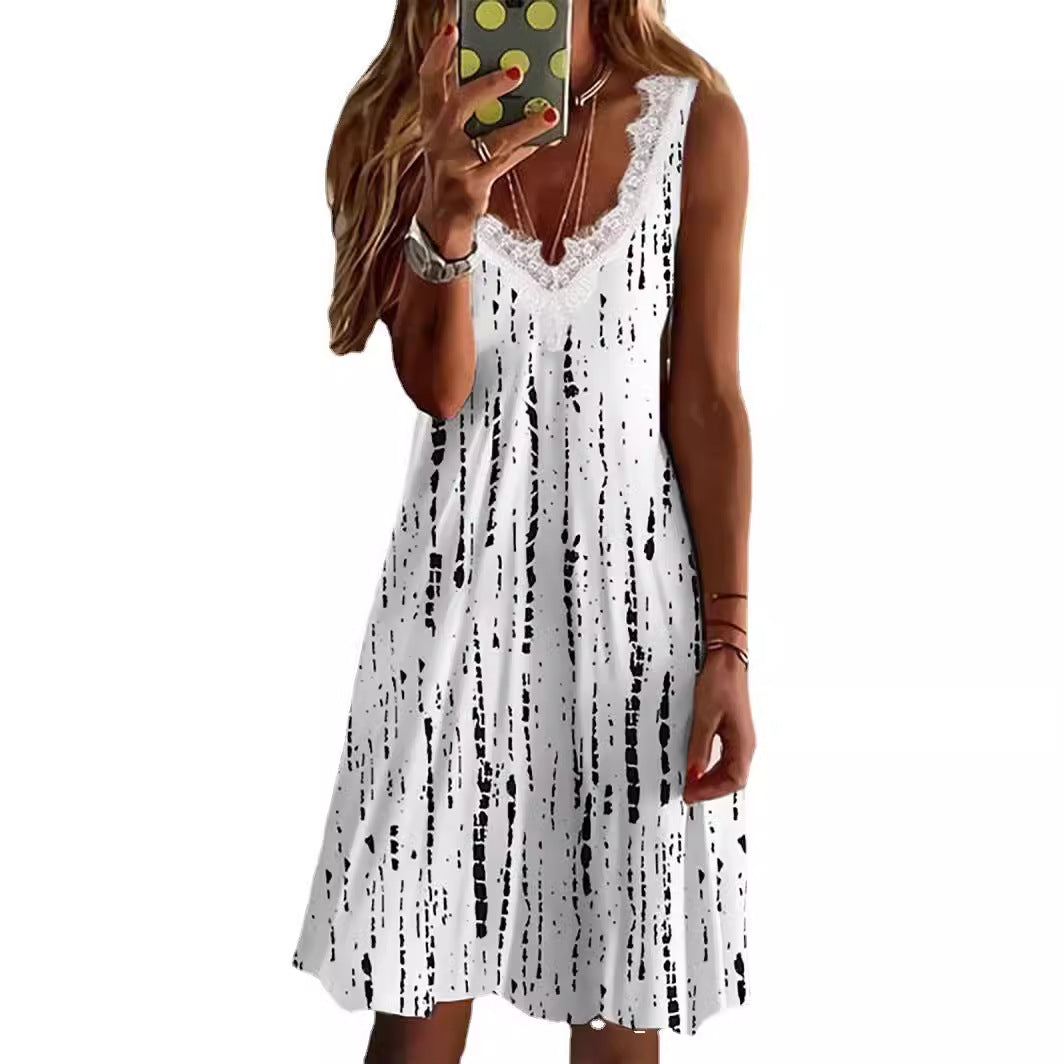 Damen Maxikleid mit Spitzenelementen und modernen Streifen R&B