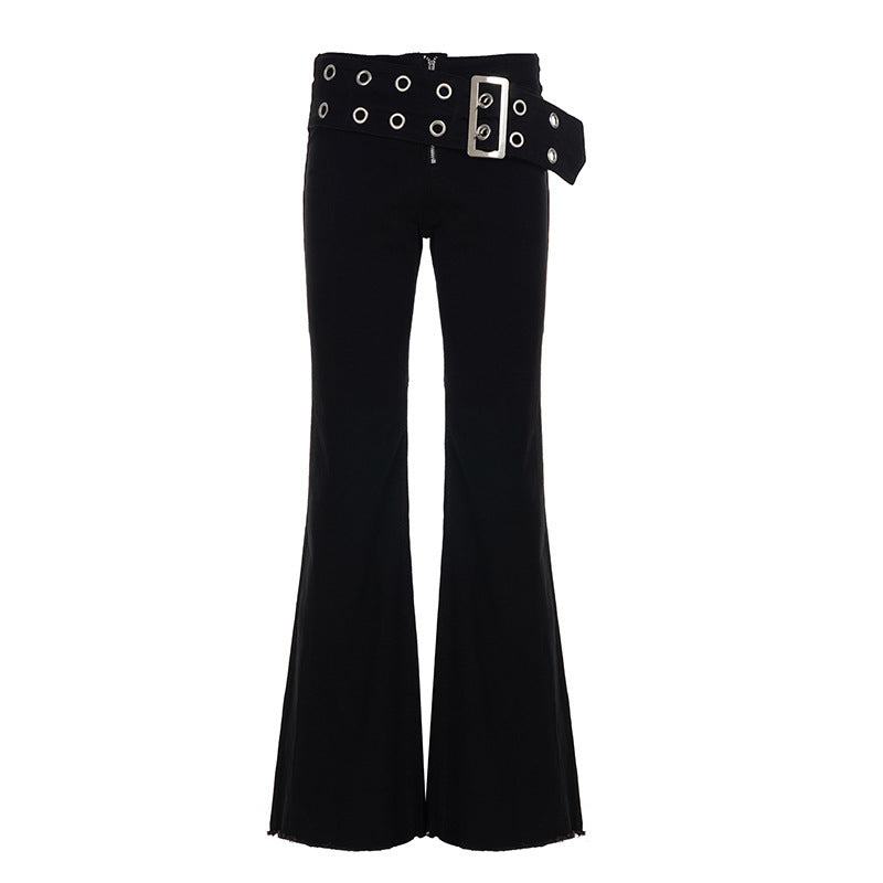 Damen Flared Jeans mit verstellbarem Gürtel und modischem Lochdesign R&B