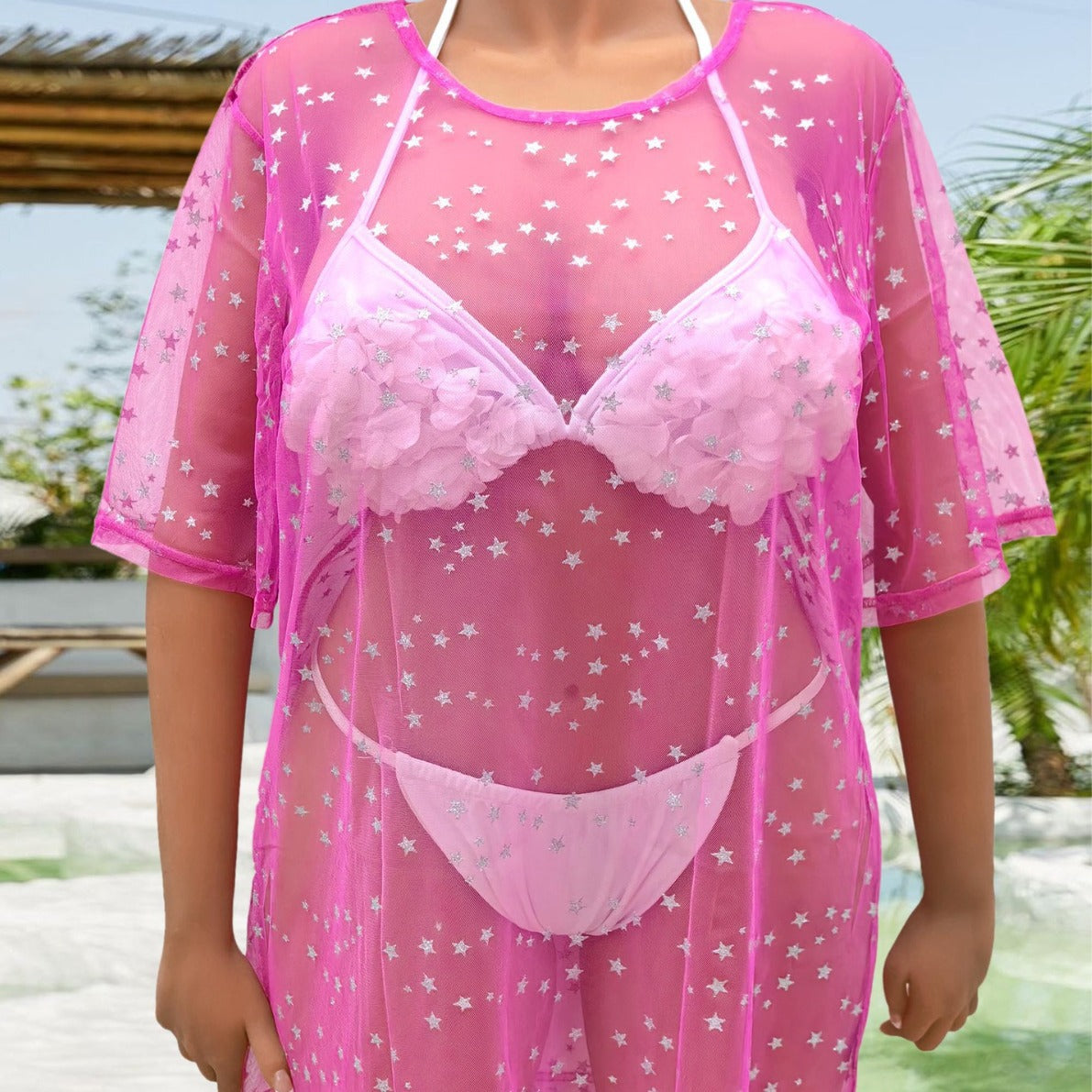 Damen transparenter Strandüberwurf mit funkelnden Sternen R&B