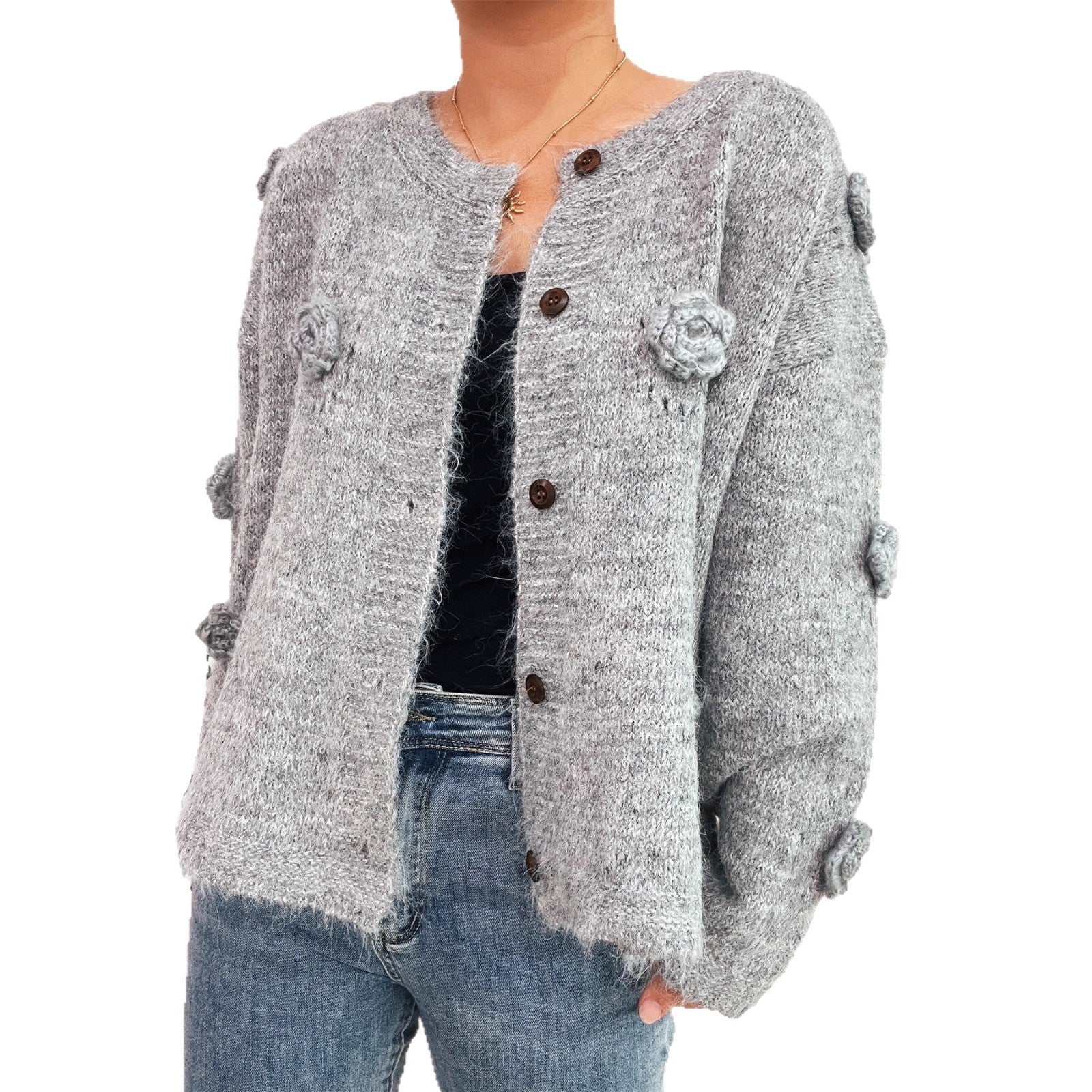 Damen Strickjacke mit floralen Applikationen und dekorativen Knöpfen R&B