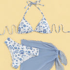 Damen Triangel-Bikini-Set mit romantischem Blumenmuster und eleganter Pareo R&B