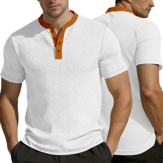 Herren nan schlankes Kurzarm-Henley-Poloshirt mit Mandarin-Kragen und feiner Jacquardstruktur R&B