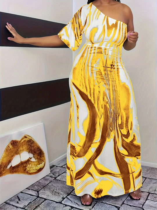 Damen Maxikleid mit asymmetrischem Ausschnitt und modernem Wellenmuster R&B