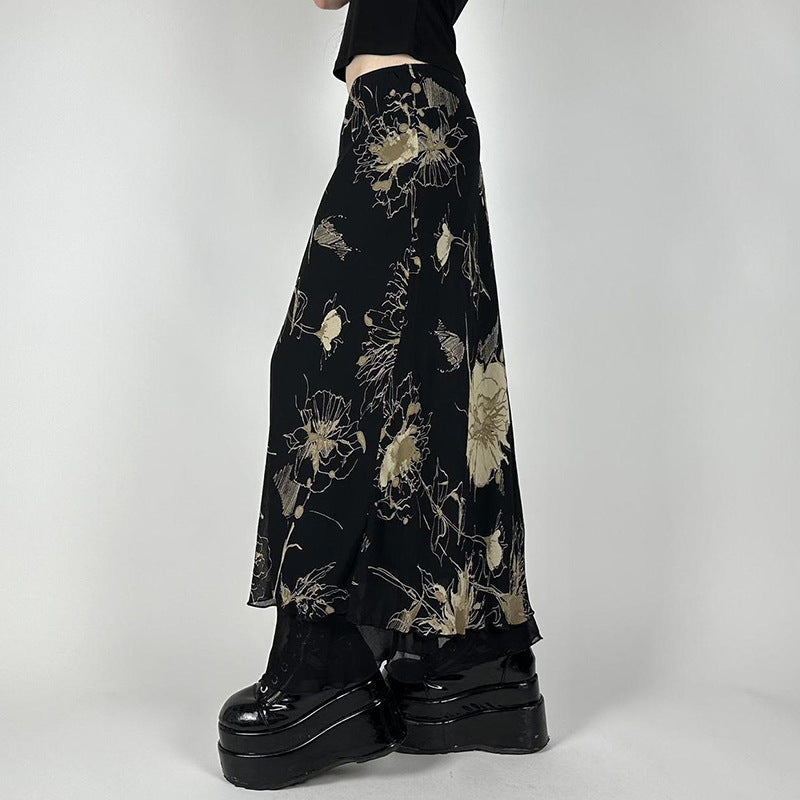 Damen Eleganter Maxirock mit floralem Muster und transparentem Untergrund R&B