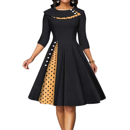 Damen Elegantes Midi-Kleid mit Punkten und seitlicher Kontrastdetail R&B