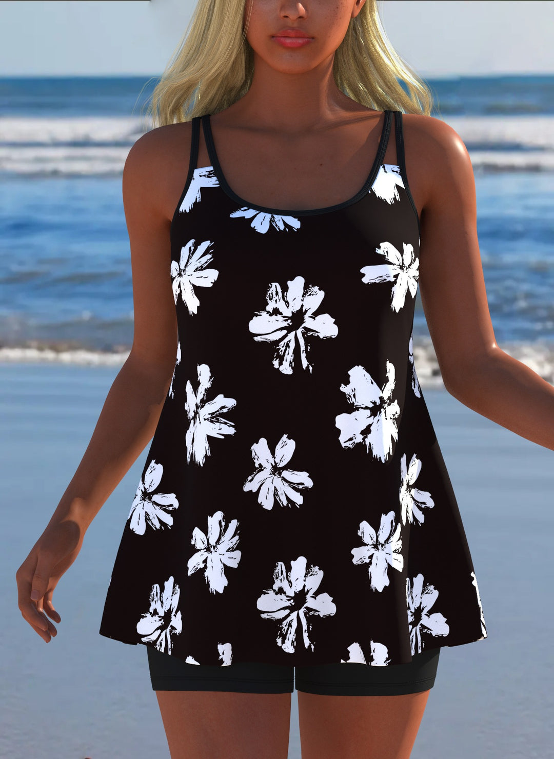 Damen Schwimmanzug in Plissee-Optik mit floralen Mustern und bequemen Shorts R&B