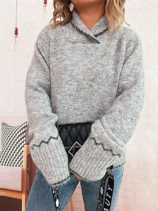 Damen lässiger Strickpullover mit modischem Kragen und fransigen Akzenten R&B
