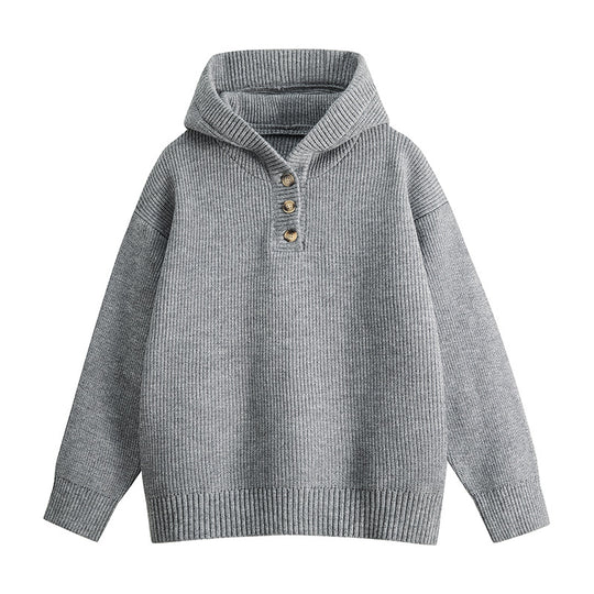 Damen Hochwertiger Strickpullover mit Stehkragen und Knopfdetails R&B