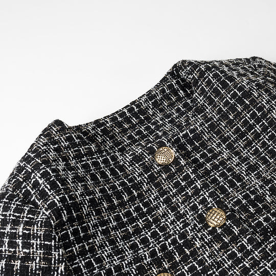 Damen elegante Kurzjacke im modischen Tweed-Stil mit goldenen Knopfdetails R&B