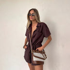 Damen lässiger Kurzarm-Jumpsuit mit Taillierung R&B