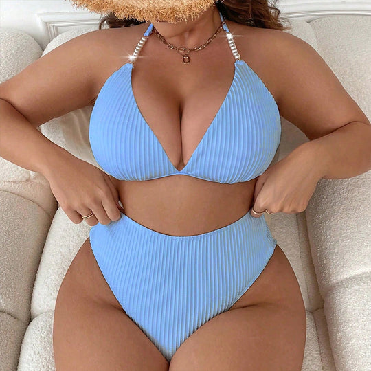Damen Hoch taillierter Triangel-Bikini mit Rippstruktur und eleganten Details R&B