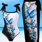 Damen Einteiler Badeanzug mit schickem Wickelrock und Butterfly-Motiv R&B
