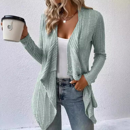 Damen lässige Strickjacke mit asymmetrischem Saum und offenem Design R&B
