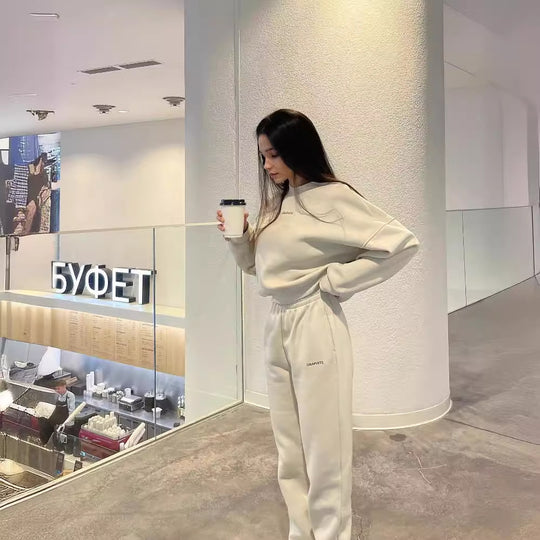 Damen lässiges Fleece-Jogginganzug-Set mit elastischem Bund und lässigem Schnitt R&B
