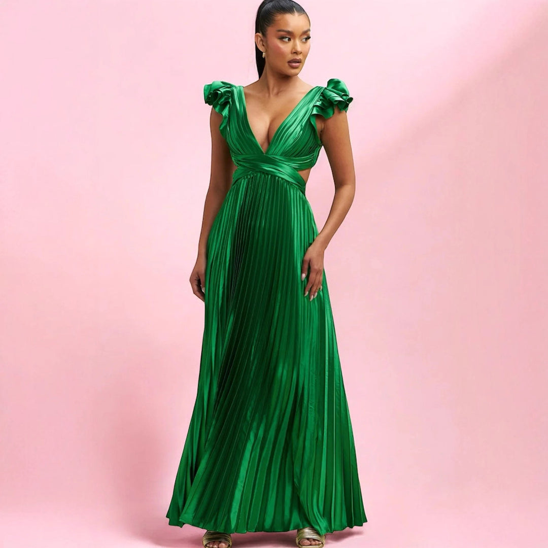 Damen Glamouröses Plissee-Maxikleid mit tiefem V-Ausschnitt und Puffärmeln R&B