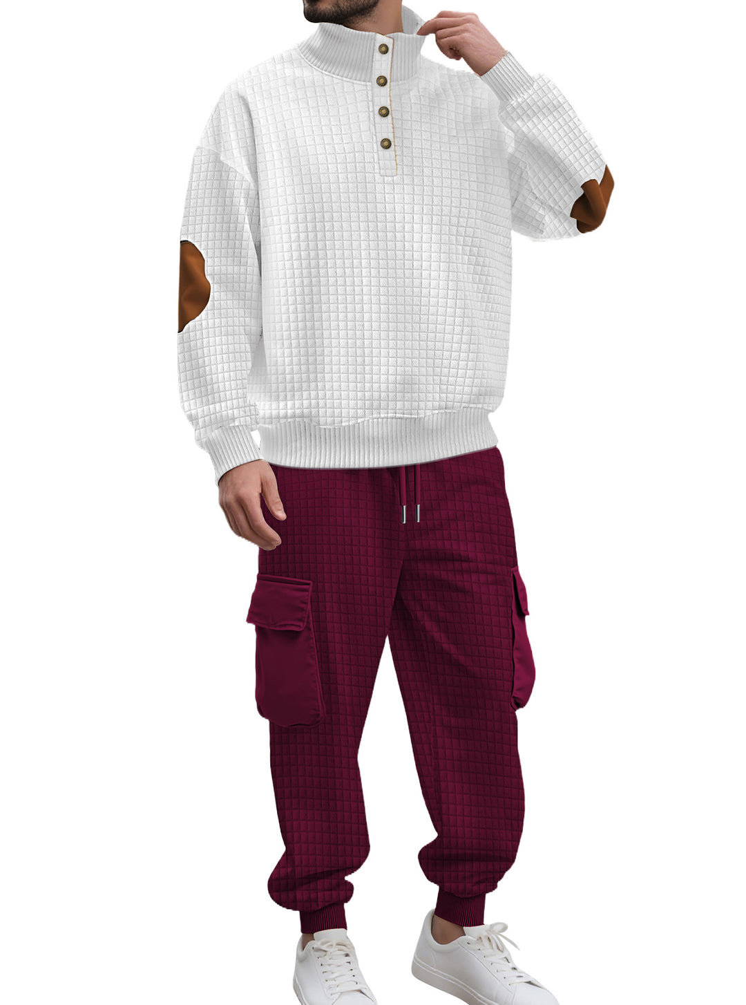 Herren nan Karo-Relief-Sweatset mit Stehkragen-Knopfleiste, Velours-Ellenbogenpatches und Cargo-Jogger R&B