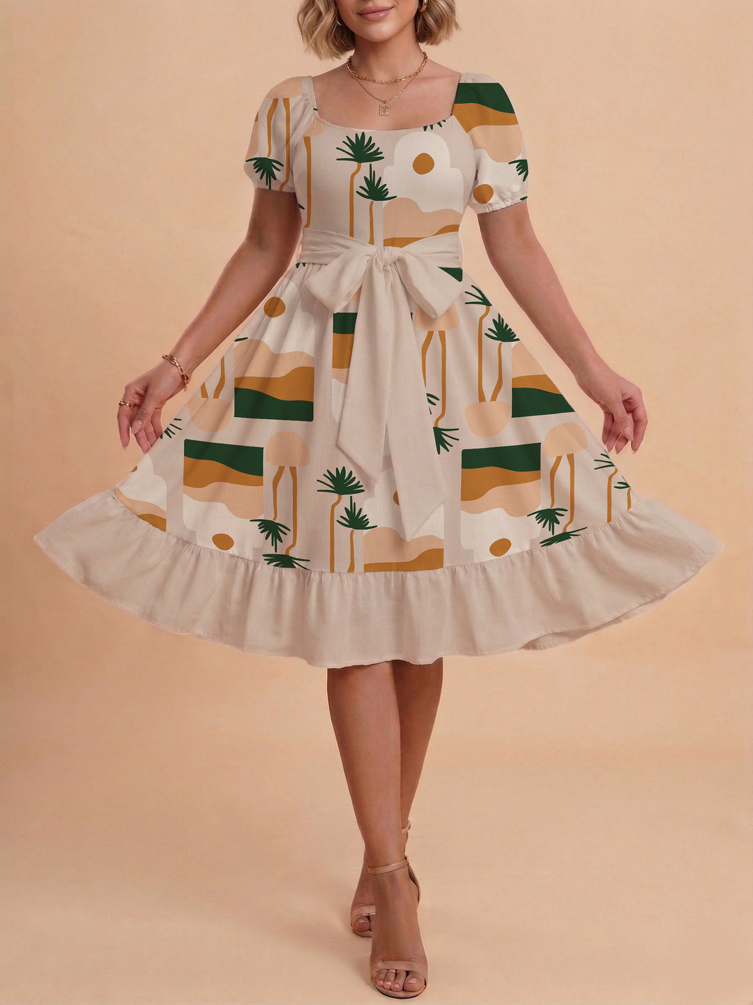 Damen Sommerliches Blumenkleid mit taillierbarem Gürtel und voluminösen Ärmeln R&B