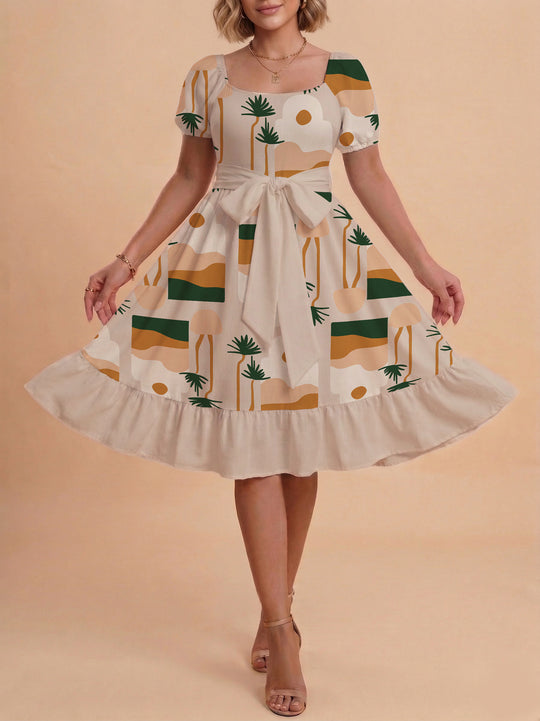 Damen Sommerliches Blumenkleid mit taillierbarem Gürtel und voluminösen Ärmeln R&B
