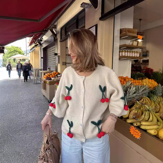 Damen lässiger und gestreifter Strickcardigan mit reizendem Kirschmuster R&B