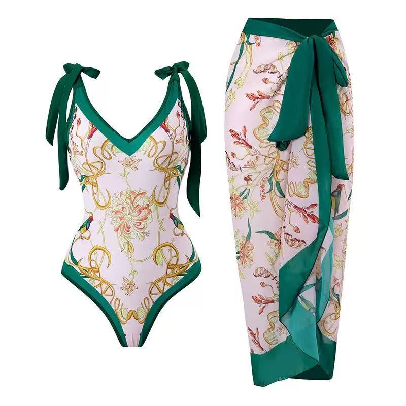 Damen Badeanzug mit floralem Design und transparentem Wickelrock R&B
