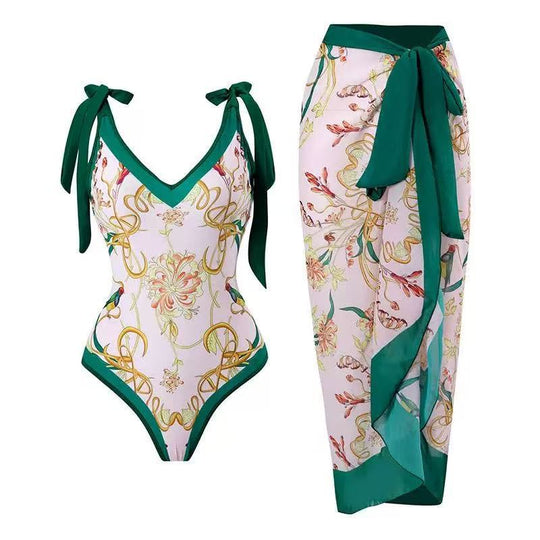 Damen Badeanzug mit floralem Design und transparentem Wickelrock R&B